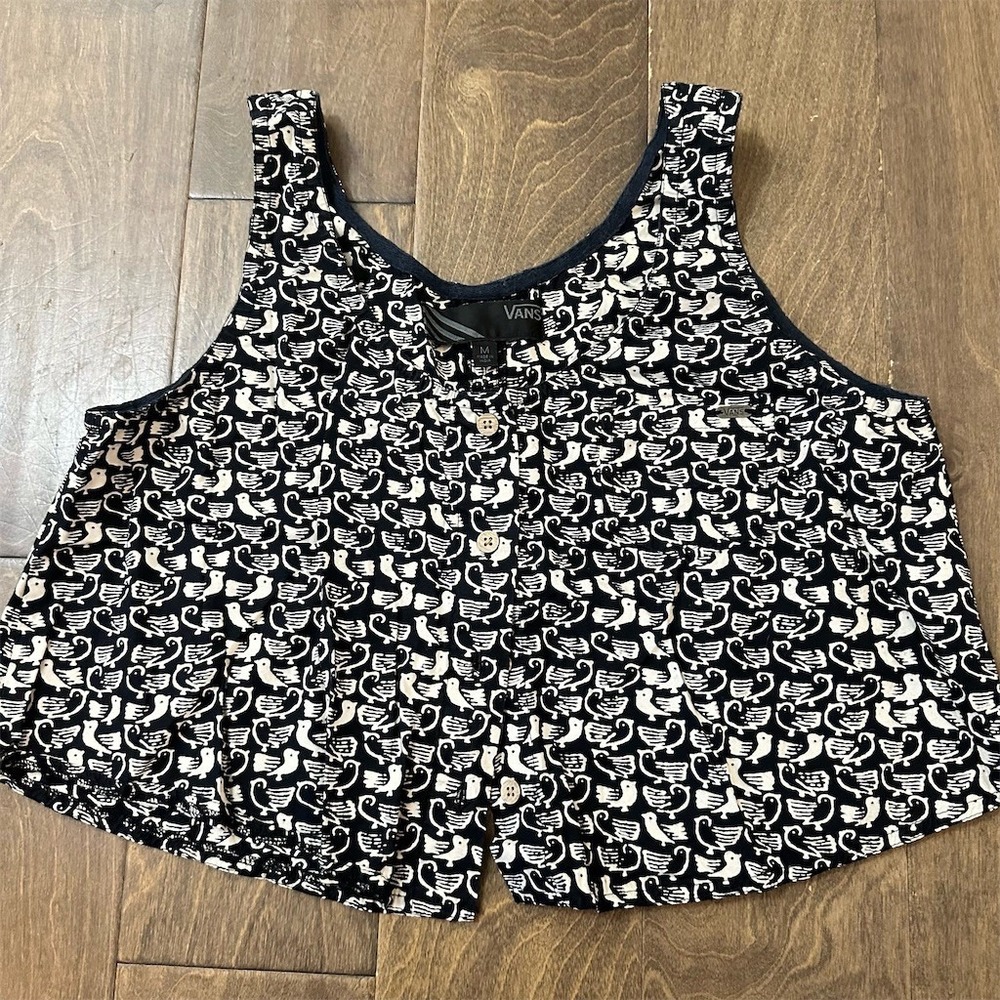 Vans Tank Top Womens‎ Size M Black & White Bird Print Cropped Button Front
